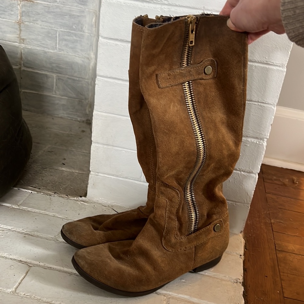 Knee high camel suede boots with zip